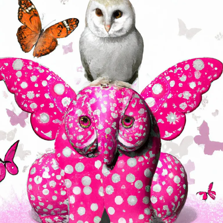 an owl sitting on top of a pink elephant. vertebrate, pollinator, product, insect, organism, pink, arthropod, art, butterfly, red