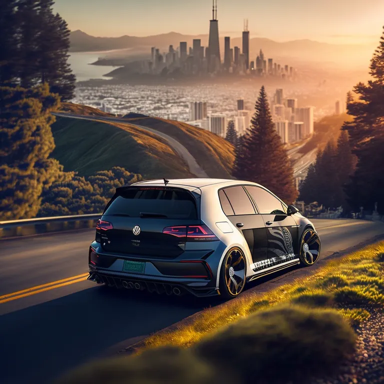 a volkswagen car driving down a road with a city in the background. tire, car, wheel, vehicle, automotive tail & brake light, automotive lighting, sky, automotive design, automotive tire, building