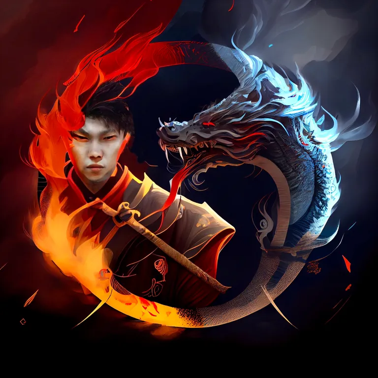 a young man holding a sword next to a dragon. flash photography, font, art, fictional character, cg artwork, heat, event, graphics, darkness, fiction