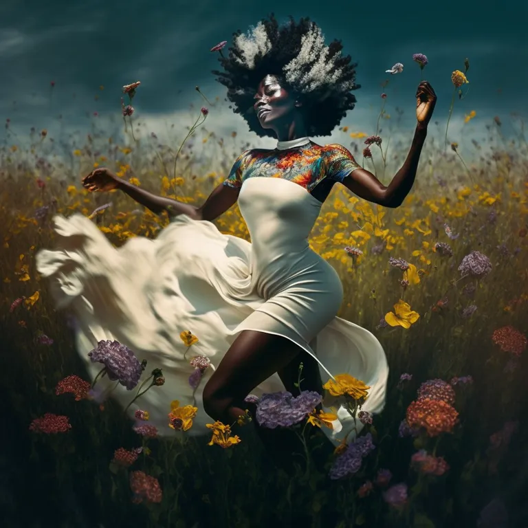 a woman in a field of flowers with a white dress. plant, people in nature, cloud, flash photography, happy, flower, sky, art, grass, painting