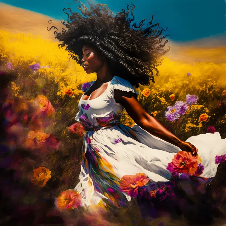 a painting of a woman in a field of flowers. flower, plant, ecoregion, people in nature, paint, flash photography, happy, petal, sunlight, natural landscape