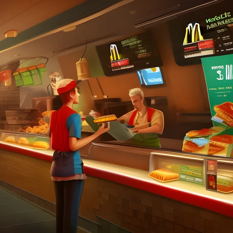 a woman ordering food at a fast food restaurant. food, customer, building, fun, machine, fast food restaurant, recreation, business, t-shirt, room