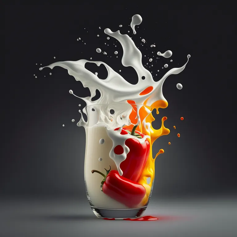a glass of milk with a red pepper splashing out of it. liquid, fluid, sculpture, art, drinkware, artifact, carmine, glass, font, graphics