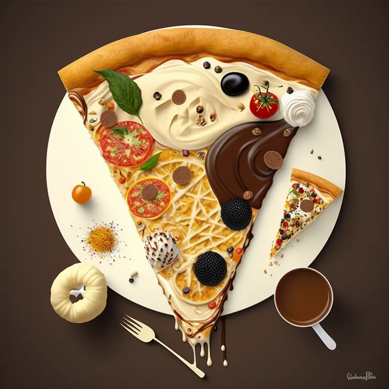 a plate with a slice of pizza on it. dishware, sleeve, orange, serveware, porcelain, headgear, art, plate, font, table