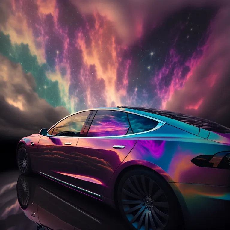 a car parked in front of a colorful sky. wheel, tire, car, land vehicle, vehicle, cloud, hood, automotive lighting, automotive design, sky