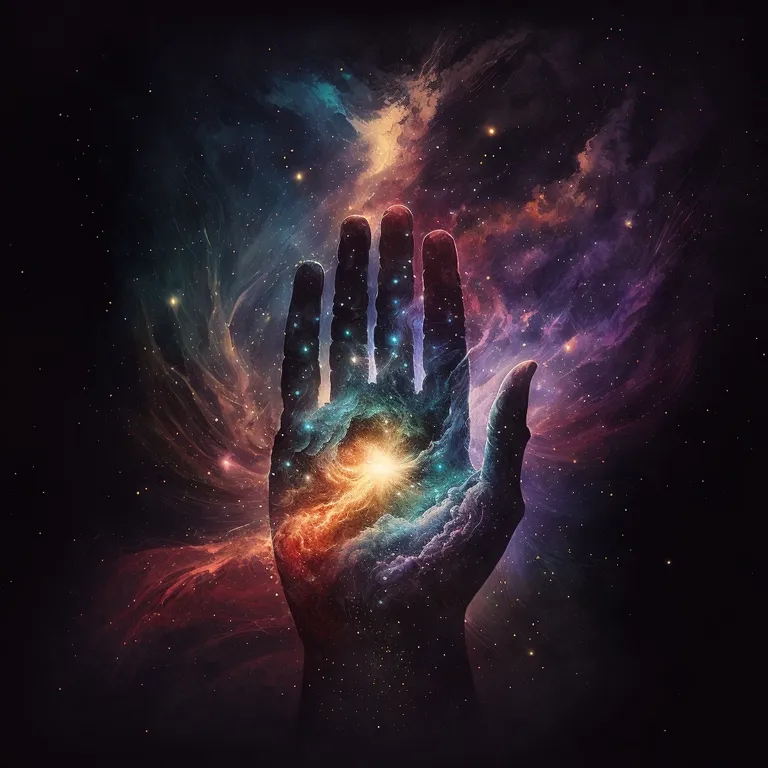 a person's hand with space and stars in the background. atmosphere, world, gesture, fireworks, art, nebula, font, astronomical object, entertainment, sky