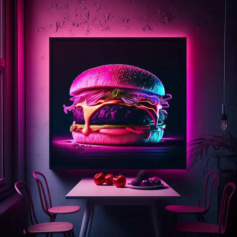 a painting of a burger on a table. furniture, purple, automotive lighting, table, automotive design, interior design, building, window, pink, tableware