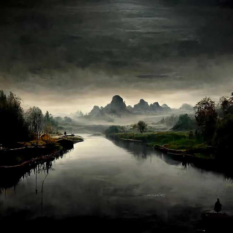 a painting of a river with mountains in the background. water, cloud, sky, water resources, atmosphere, mountain, tree, natural landscape, sunlight, afterglow