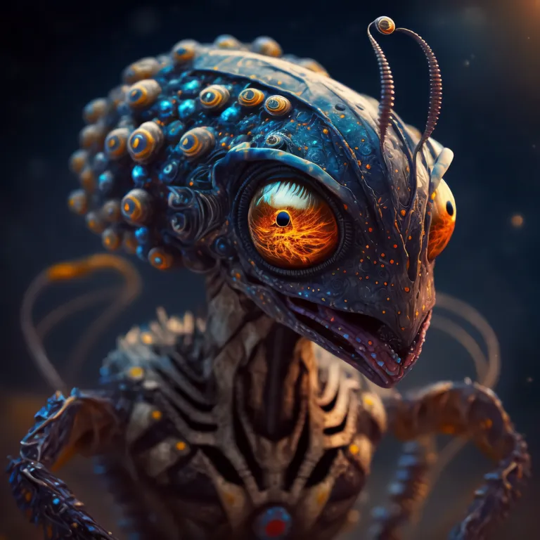 a strange looking creature with big eyes. eye, arthropod, insect, organism, electric blue, pollinator, wing, close-up, macro photography, darkness