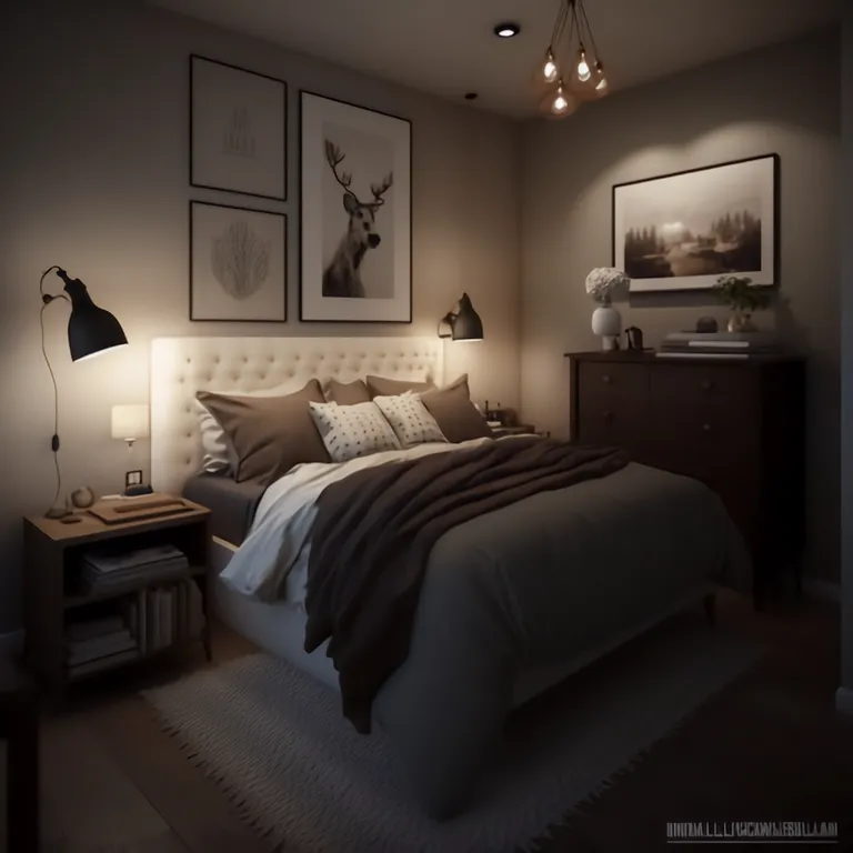 a bedroom with a bed, nightstand, lamps and pictures on the wall. picture frame, furniture, light, comfort, building, wood, interior design, lighting, lamp, grey