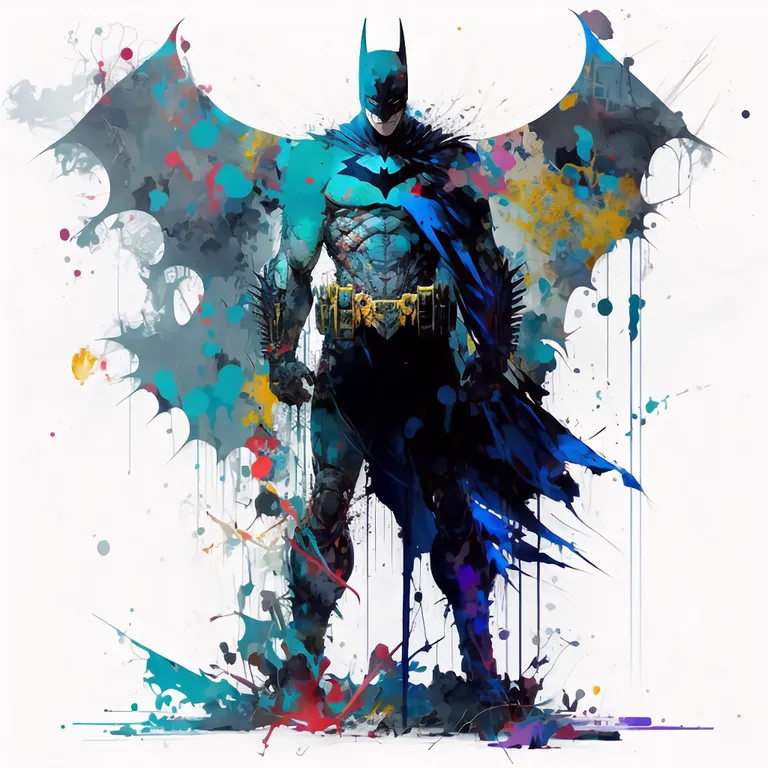 a painting of a batman standing in front of a white background. cartoon, art, painting, font, electric blue, fictional character, illustration, drawing, graphics, visual arts
