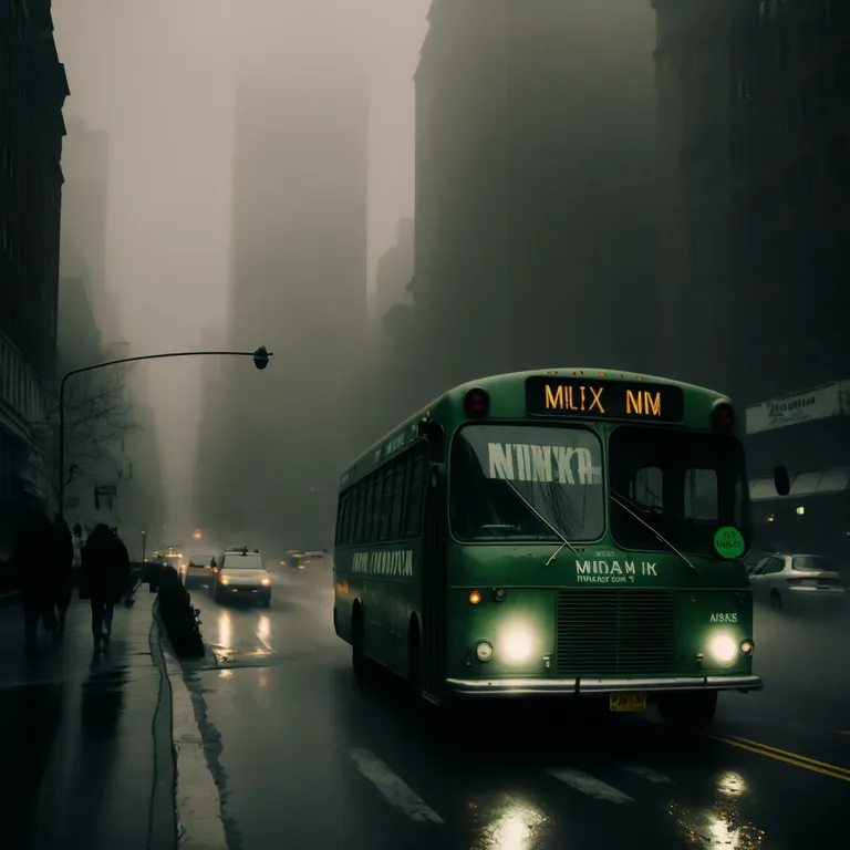 a green bus driving down a street next to tall buildings. bus, vehicle, sky, building, skyscraper, automotive lighting, motor vehicle, mode of transport, tour bus service, atmospheric phenomenon