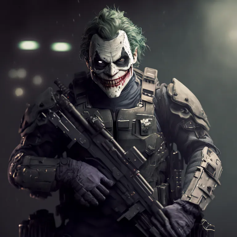 a man dressed as the joker holding a rifle. outerwear, sleeve, entertainment, flash photography, performing arts, personal protective equipment, fictional character, event, action figure, mask