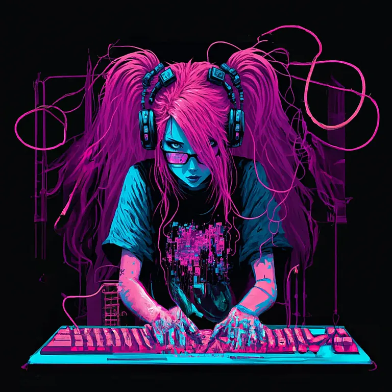 a girl wearing headphones and using a keyboard. purple, font, violet, pink, magenta, art, t-shirt, entertainment, neon, electric blue