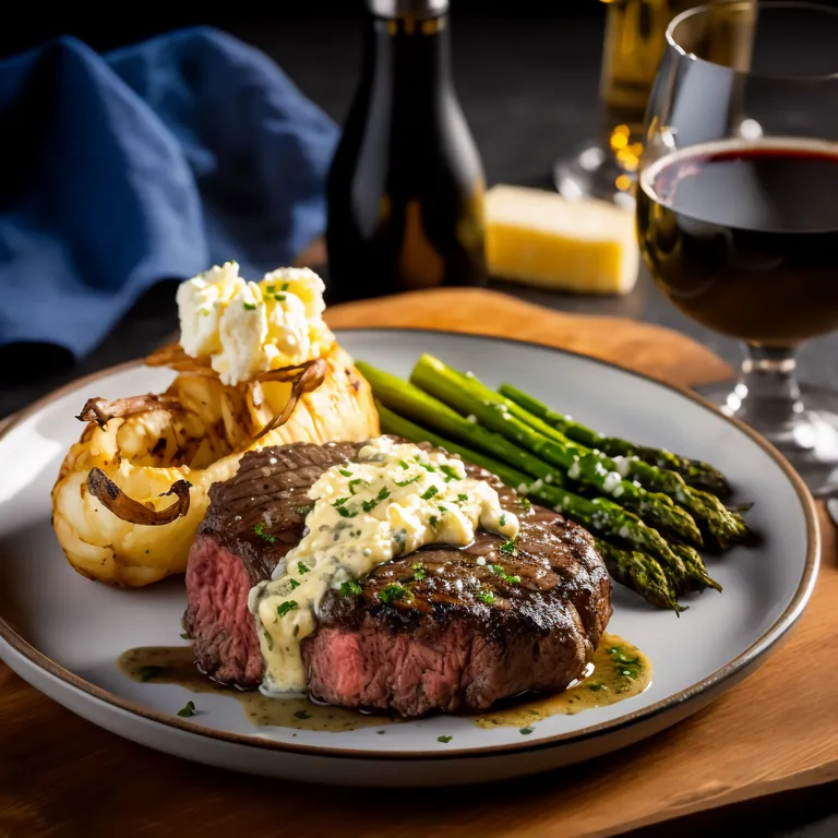 a plate of steak, potatoes and asparagus with a glass of wine. food, tableware, ingredient, recipe, plate, drinkware, steak, table, cuisine, wine