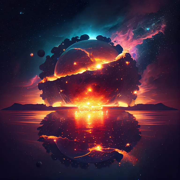 a space scene with a reflection of a planet in the water. cloud, atmosphere, water, world, sky, liquid, lighting, body of water, atmospheric phenomenon, heat