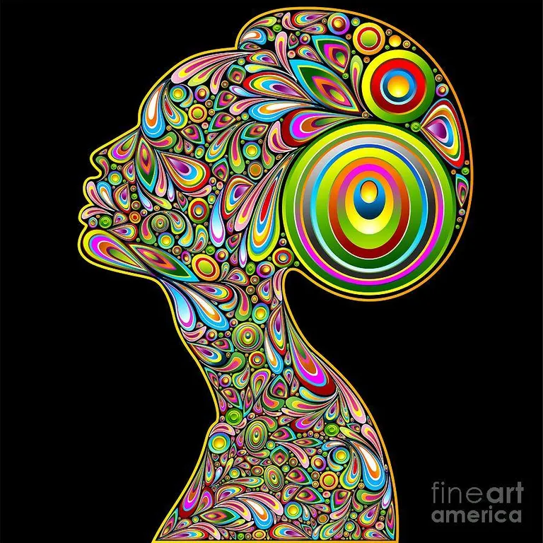 a woman's head with colorful swirls on it. organism, art, creative arts, pattern, painting, circle, electric blue, illustration, font, visual arts