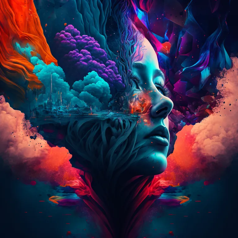 a woman's face is surrounded by colorful clouds. vertebrate, azure, organism, art, cg artwork, geological phenomenon, electric blue, magenta, fictional character, graphics