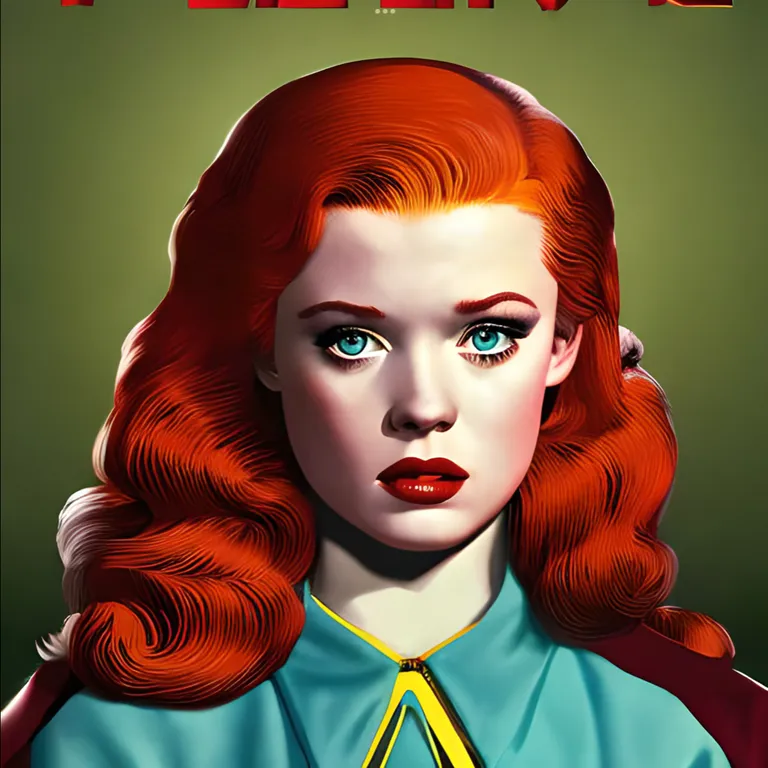 a painting of a woman with red hair. head, chin, eyebrow, hairstyle, eye, mouth, human, jaw, eyelash, poster