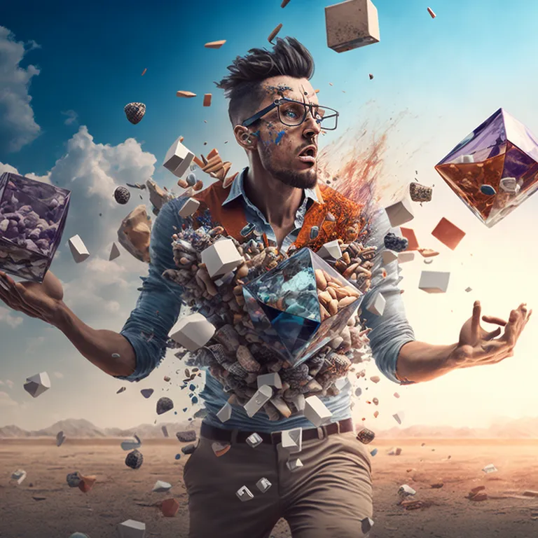 a man in glasses is surrounded by cubes and rocks. world, flash photography, sky, gesture, people in nature, happy, eyewear, cool, art, fun