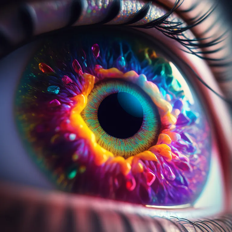 a close up of an eye with a colorful iris. eyelash, purple, iris, magenta, tints and shades, electric blue, circle, pattern, symmetry, macro photography