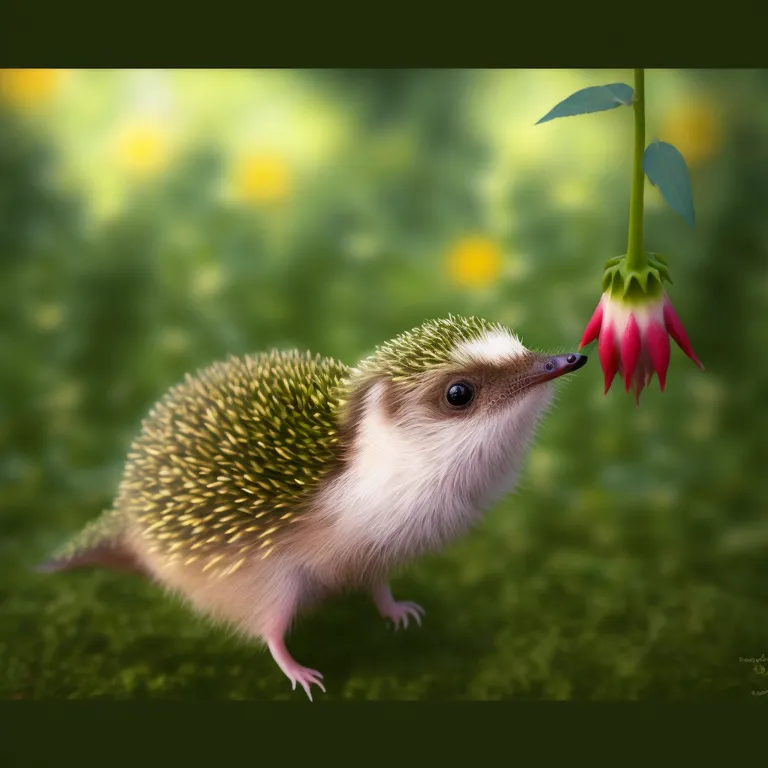 a hedgehog sniffing a flower with its mouth. domesticated hedgehog, plant, flower, bird, hedgehog, eyelash, erinaceidae, beak, iris, hummingbird