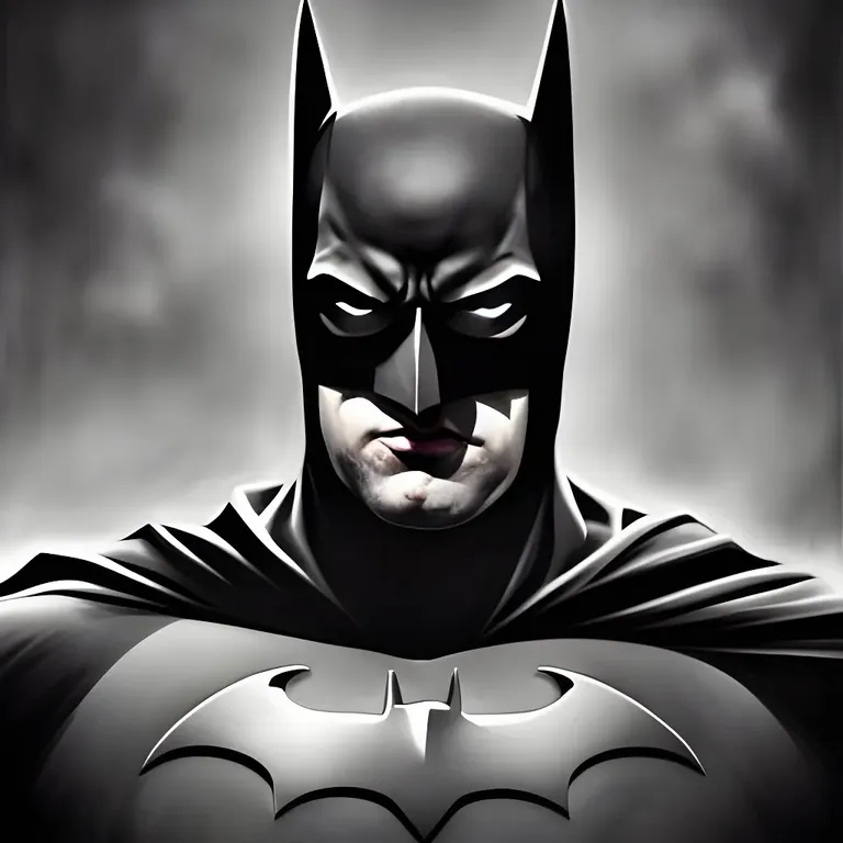a man in a batman costume standing in front of a dark background. head, eye, facial expression, white, cartoon, black, jaw, art, painting, justice league