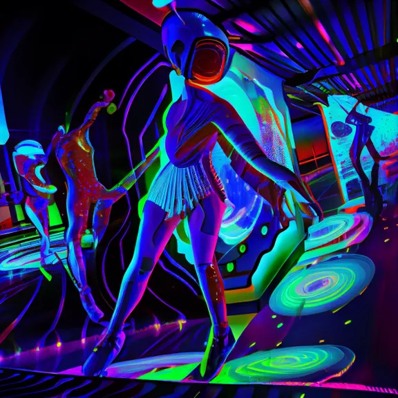 a painting of a woman in a space suit. organism, art, entertainment, electric blue, neon, magenta, technology, visual effect lighting, graphics, font