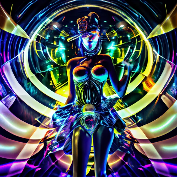 a digital painting of a woman in a futuristic dress. light, art, line, entertainment, symmetry, electric blue, technology, font, pattern, fictional character