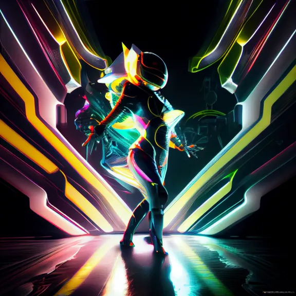 a woman is dancing in a futuristic fashion. light, black, lighting, purple, art, line, font, visual effect lighting, entertainment, neon