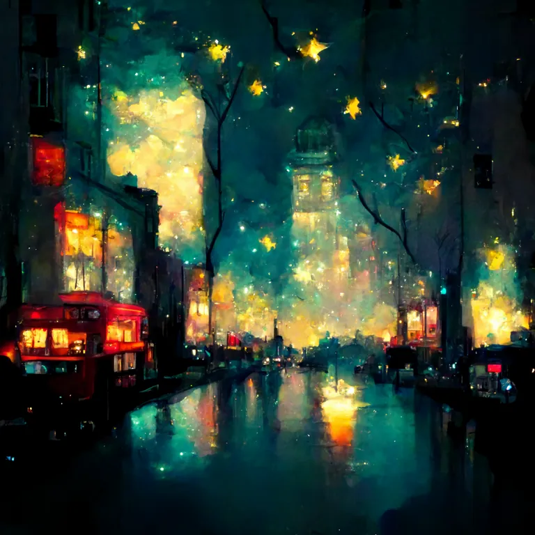 a painting of a city street at night. building, automotive lighting, light, water, nature, cityscape, sky, art, city, midnight