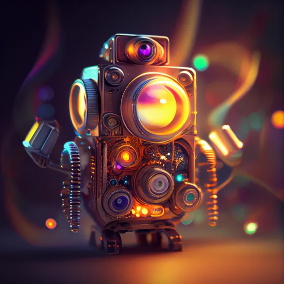 a small robot with a camera on its back. automotive lighting, visual effect lighting, entertainment, gas, font, art, circle, event, electric blue, neon