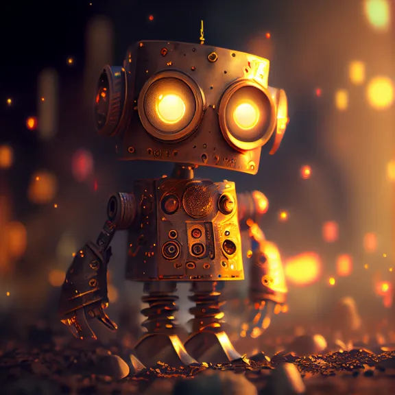 a little robot that is standing in the dirt. light, amber, entertainment, astronomical object, space, event, art, circle, machine, darkness