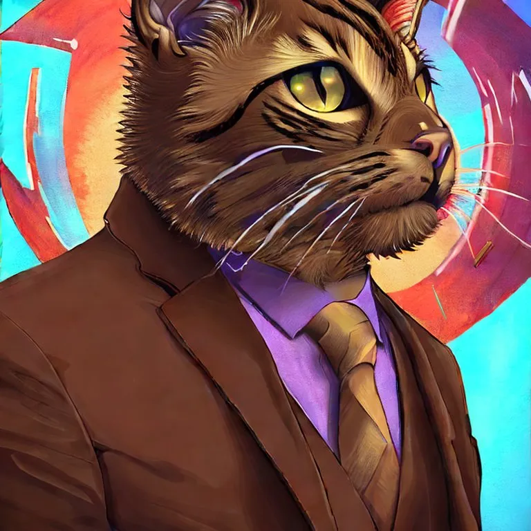 a painting of a cat in a suit and tie. cartoon, felidae, jaw, carnivore, gesture, whiskers, art, roar, tie, big cats