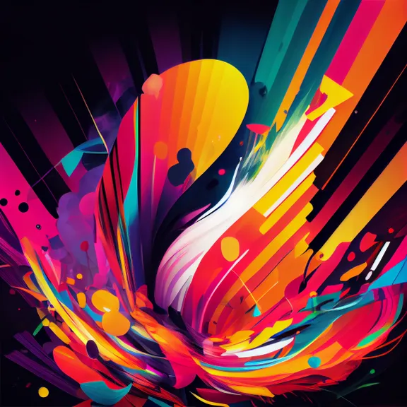 a colorful abstract painting on a black background. colorfulness, art, magenta, tints and shades, pattern, font, electric blue, graphics, visual arts, painting