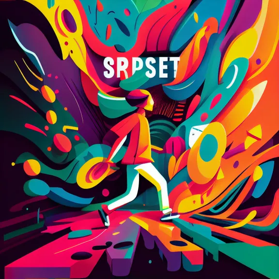 a colorful poster with a person running through it. font, art, magenta, rectangle, pattern, visual arts, electric blue, graphics, event, illustration