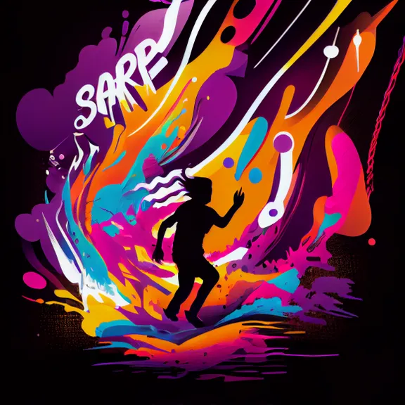 a person riding a surfboard on a colorful wave. art, font, entertainment, magenta, performing arts, neon, technology, event, electric blue, graphics