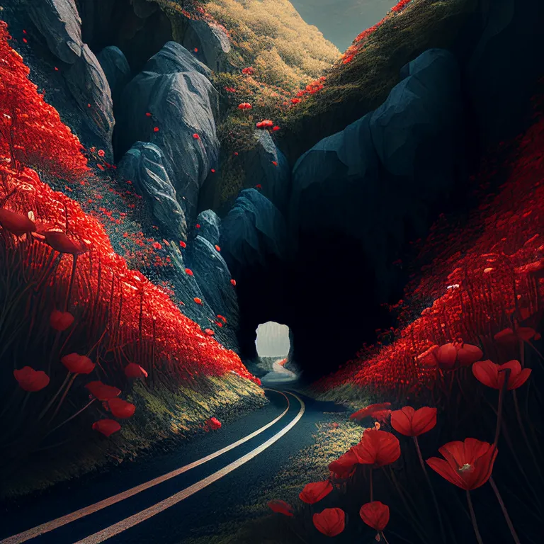 a tunnel in the middle of a mountain with red flowers. light, world, natural landscape, lighting, landscape, art, geological phenomenon, automotive lighting, slope, formation