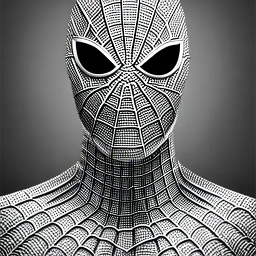 a man with a spider suit on. black, art, line, font, painting, symmetry, pattern, fictional character, drawing, circle