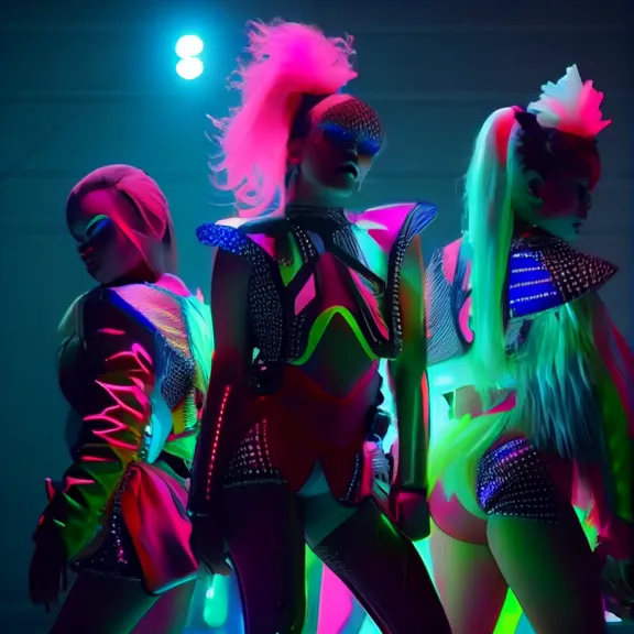 a group of women standing next to each other. purple, human body, entertainment, performing arts, pink, violet, visual effect lighting, magenta, fashion design, stage