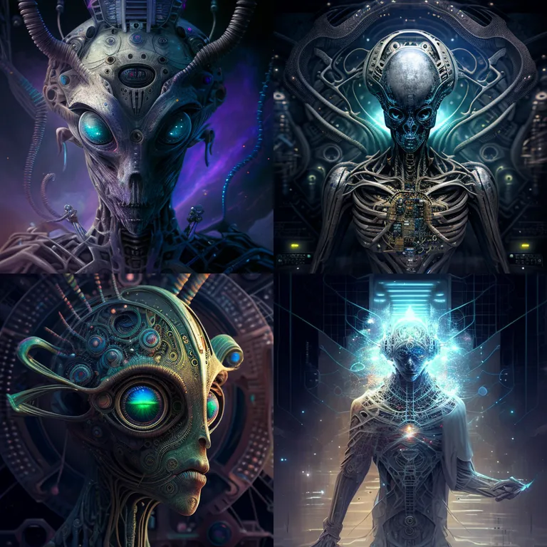 a series of four images of alien creatures. purple, organism, art, cg artwork, space, electric blue, darkness, fictional character, illustration, visual arts