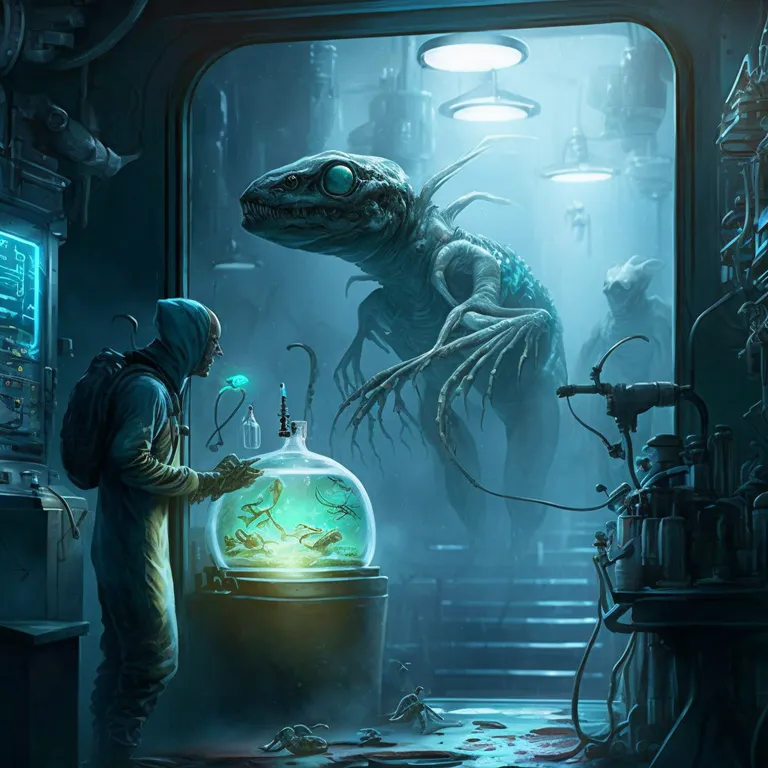 a man standing in a room next to a large lizard. organism, art, cg artwork, extinction, fictional character, electric blue, darkness, illustration, glass, science