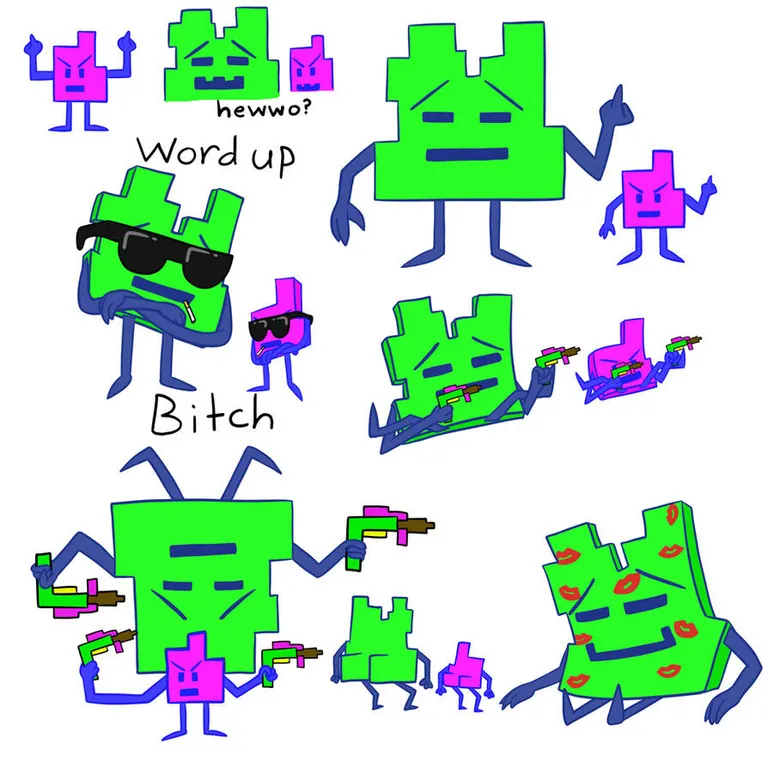 a drawing of a cartoon character with different expressions. green, white, organism, font, mode of transport, line, magenta, rectangle, parallel, logo