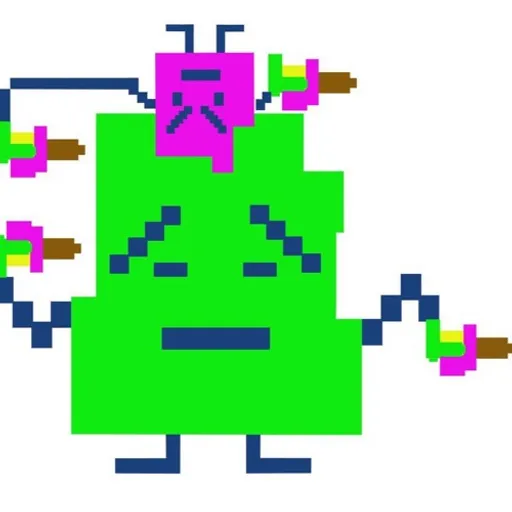 a pixel art picture of a green and pink robot. rectangle, quad laser