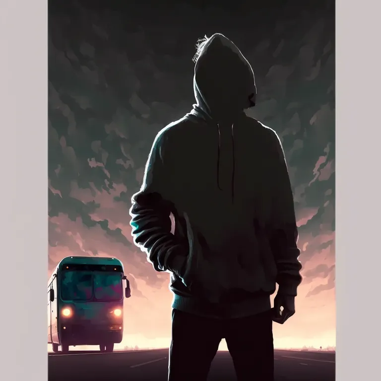 a person standing in front of a bus in the style of anime, the sky becomes dark an pink