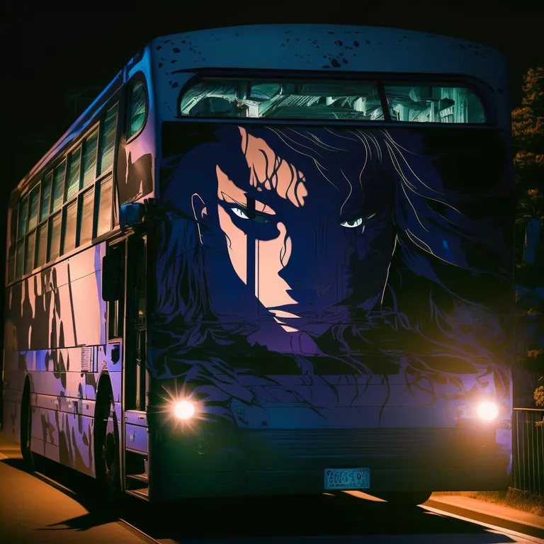 a double decker bus with a picture of a devil on the front in the style of anime