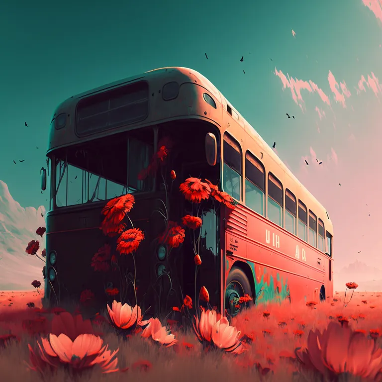 a painting of a bus in a field of flowers. bus, flower, vehicle, wheel, sky, plant, motor vehicle, automotive lighting, tire, mode of transport