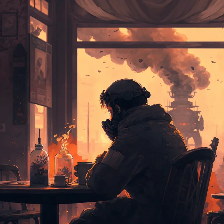 a soldier sitting at a table in front of a window, in the style of anime