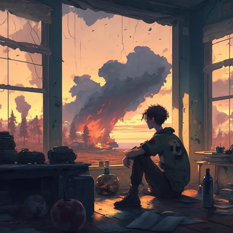 in the style of anime, a soldier sitting on a floor in front of a window. sky, atmosphere, world, afterglow, dusk, heat, sunrise, cloud, sunset