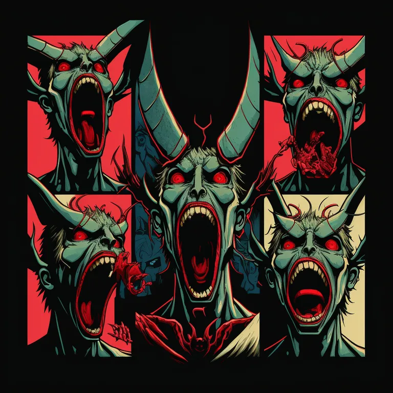 a group of demonic demonic demonic demonic demonic demonic demonic demonic demonic demonic demonic demonic demonic. sleeve, art, red, painting, font, t-shirt, event, fictional character, illustration, graphics